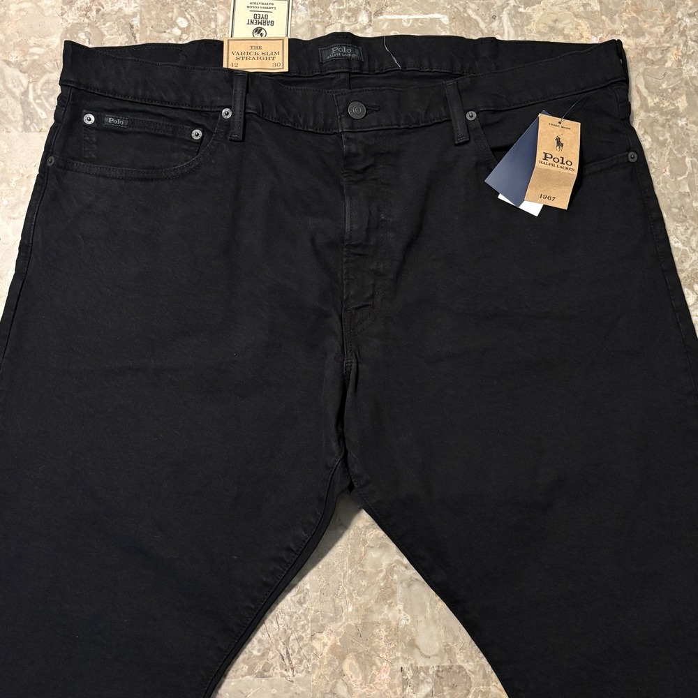 Polo Ralph Pants Mens 42x30 (fits 42x29) Black Varick Slim Straight Dyed NEW